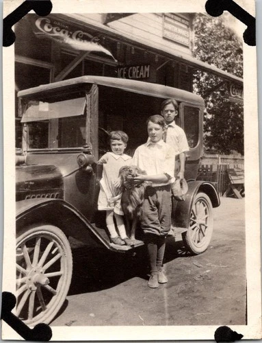 Vintage 1920s Photo Kids Dog Old Car General Store Coca-Cola Ice Cream Sign