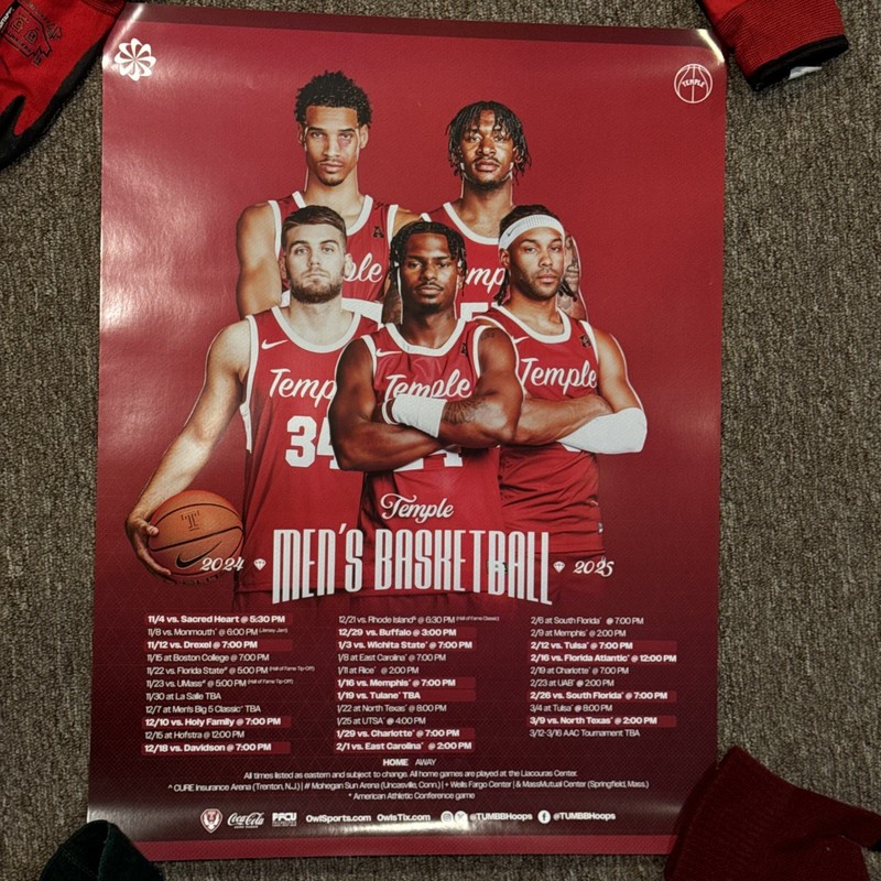 Temple University Men’s Basketball Poster 2024 2025 18x24 Inches College