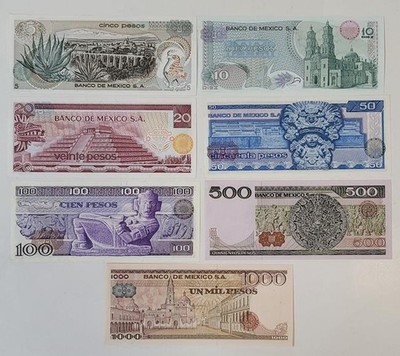 5-1000 Pesos 1969-79 Banco Mexico 7 Note Lot, All with Serial
