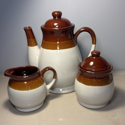 Vtg Brittney Tan/Brown Stoneware Teapot With Lid, Creamer & Sugar Bowl With Lid