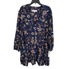 Emma & Michele NEW Blue Floral Button-Front V-Neck Babydoll Peasant Dress 3X