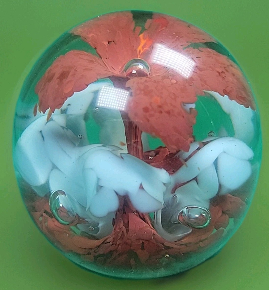 Vintage Blown Glass Controlled Bubble Green Flower Yellow 3” Paperweight MCM