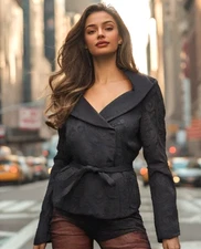 Renfrew Blazer Black Size Small 6 Jacquard Crop Double Breasted Collar Belt EUC