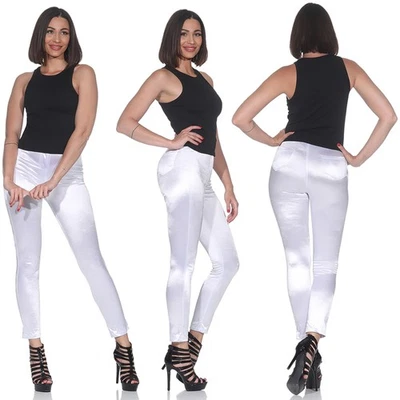 Damen Satin High Waist Röhrenhose Skinny Stoff Hose Stretchhose Slim Fit Weiß - Bild 1 von 4