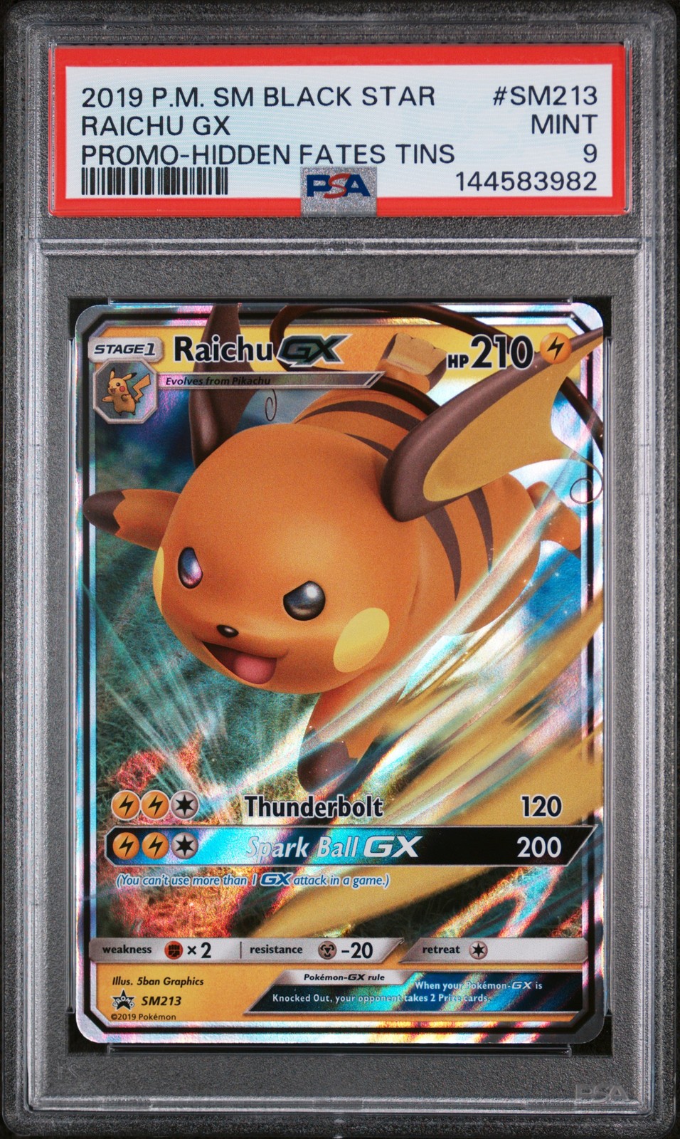 2019 POKEMON SM BLACK STAR PROMO HIDDEN FATES TINS #SM213 RAICHU GX PSA 9