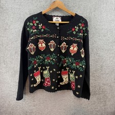Tiara International Women's Med Christmas Cardigan Sweater Black Embroidered