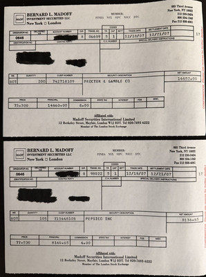 Bernie Madoff Stock Confirmation Slips (2) Blue Chip: Pepsico + Procter & Gamble