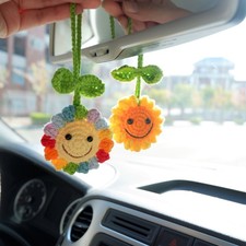 Crochet Sunflower Car Mirror Hanging Accessories, Flower Rear View Mirror Decor