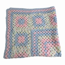 VINTAGE Handmade Crocheted Baby Blanket Blue Pink Cream 26 x27 Bring Home