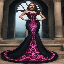 Gothic Pink Black Mermaid Prom Dress Off Shoulder Vintage Medieval Evening Gowns