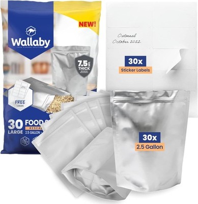 30ct 2.5-Gallon Gusset Mylar Bags 15Mil Labels Stand-Up Zipper Heat Seal Silver