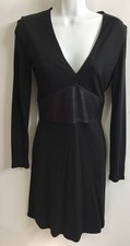 Versace Vintage Short Dress Black V-Neck Longsleeve Jersey Pleather Waist Size 4