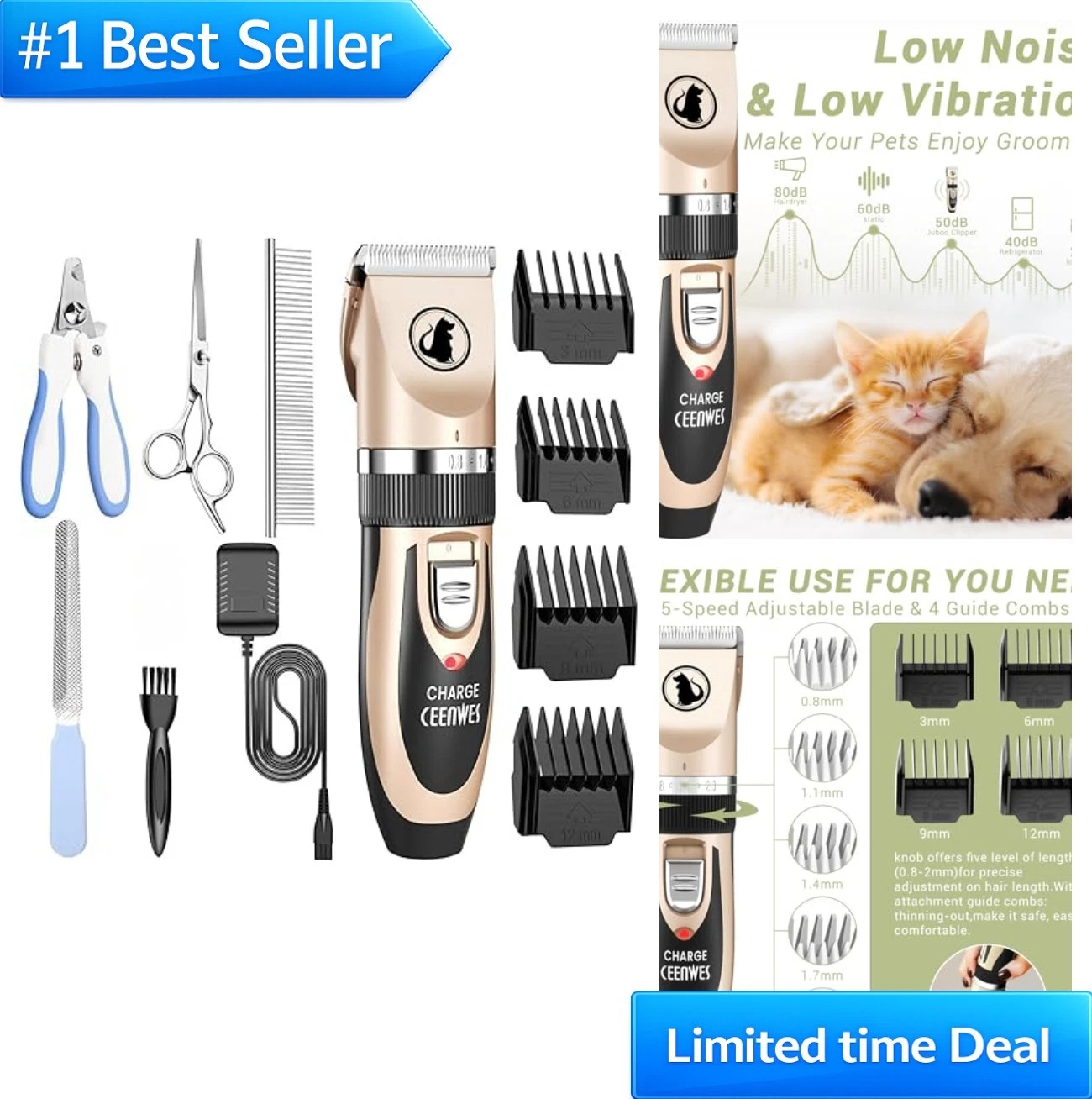 Dog Clippers Low Noise Pet Trimmer Cordless Rechargeable Grooming Tool with