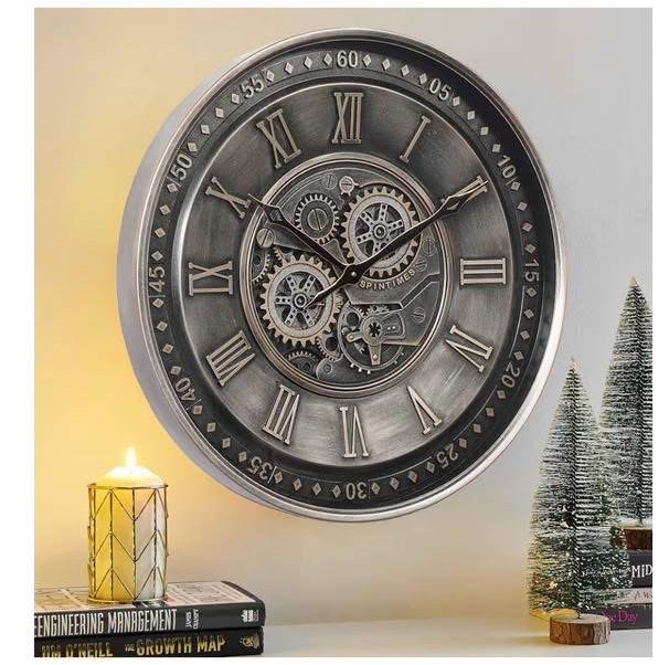 24 Inch Large Moving Gear Wall Clock for Living Room Decor, Antique Silver