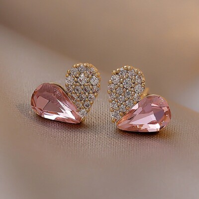 Pink & Silver Heart Stud Earrings - Silver Pear Simulated Morganite Super Cute