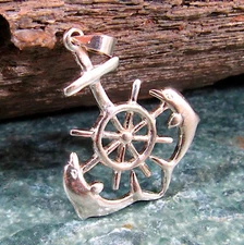 Solid 925 Sterling Silver Ship's Helm, Anchor & Dolphins Pendant, Ocean Jewelry