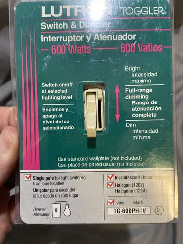 Lutron Dimmer Light Switch Toggler Ivory Single Pole 600W NEW - Picture 8 of 9