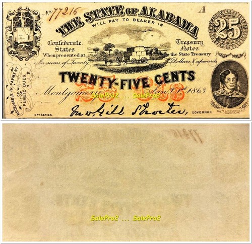 USA 1863 JANUARY 1ST CONFEDERATE 25 CENTS CIVIL WAR ALABAMA STATE BANKNOTE UNC