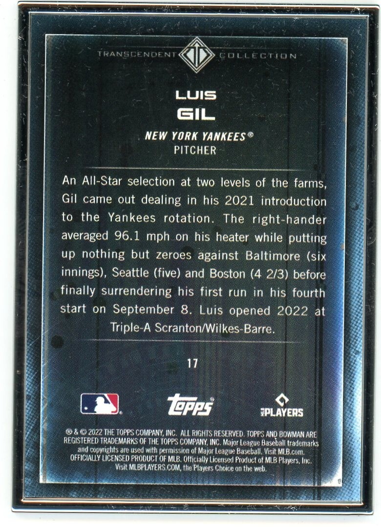 J901 LUIS GIL RC 2022 BOWMAN TRANSCENDENT 48/50 NEW YORK YANKEES