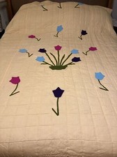 ANTIQUE TULIP QUILT HAND APPLIQU  YELLOW WITH BRIGHT COLORS 69   X 99  