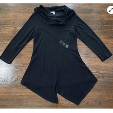 Yushi Textured Asymmetrical Hem Black Dress Sz M Button Detail Slouchy Cowl Neck