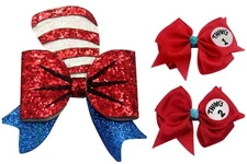NEW Dr. Seuss Cat in the Hat Thing 1  2 Hair Bow Girl Clip Glitter 4.5 Inches