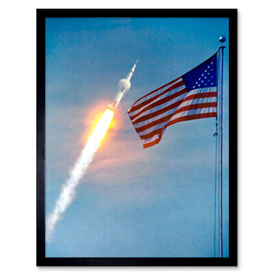 Apollo 11 Raumschiff NASA amerikanische Flagge Wandkunstdruck gerahmt 12x16