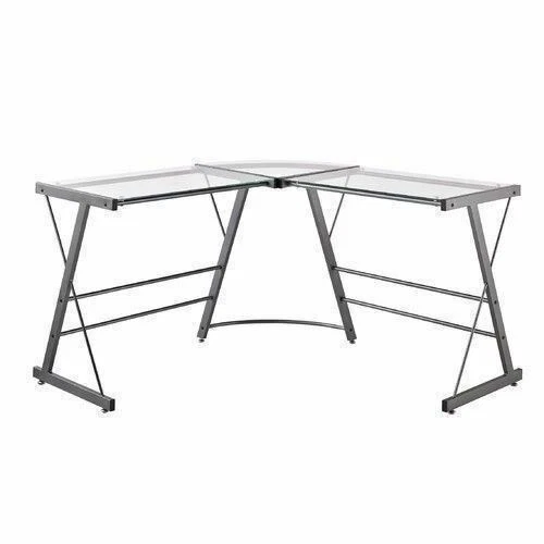Grey Gray Metal Glass L Shaped Corner Work Desk Office Laptop Computer Table