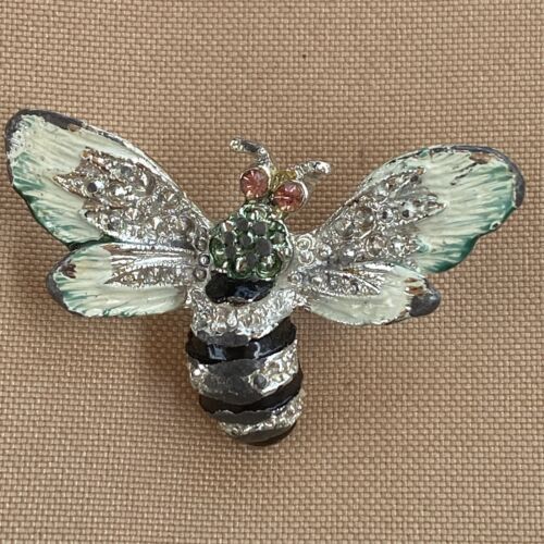 Spilla Spilla Bumblebee Vintage Tono Argento Accenti Ala Verde Rosa Strass Occhi - Foto 2 di 4