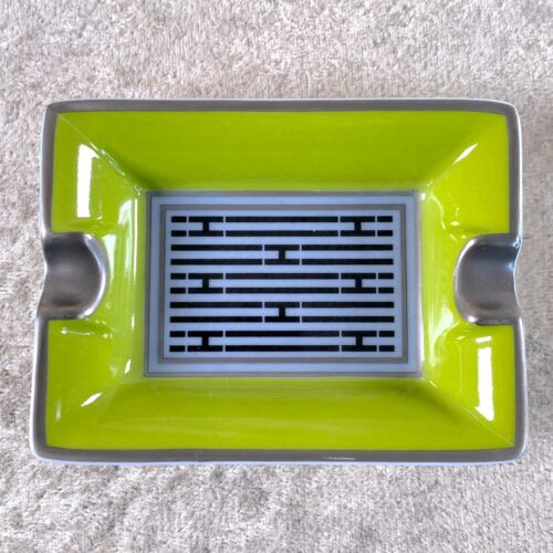 Hermes Porcelain Mini Ashtray Change Tray Green & Brown Platinum Rim Set of 2 - Picture 4 of 14