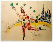 P. MOORE (USA/20TH C) SGND 1973 JUGGLING CLOWN W/PIPE COLOR MONOTYPE PRINT, FRMD