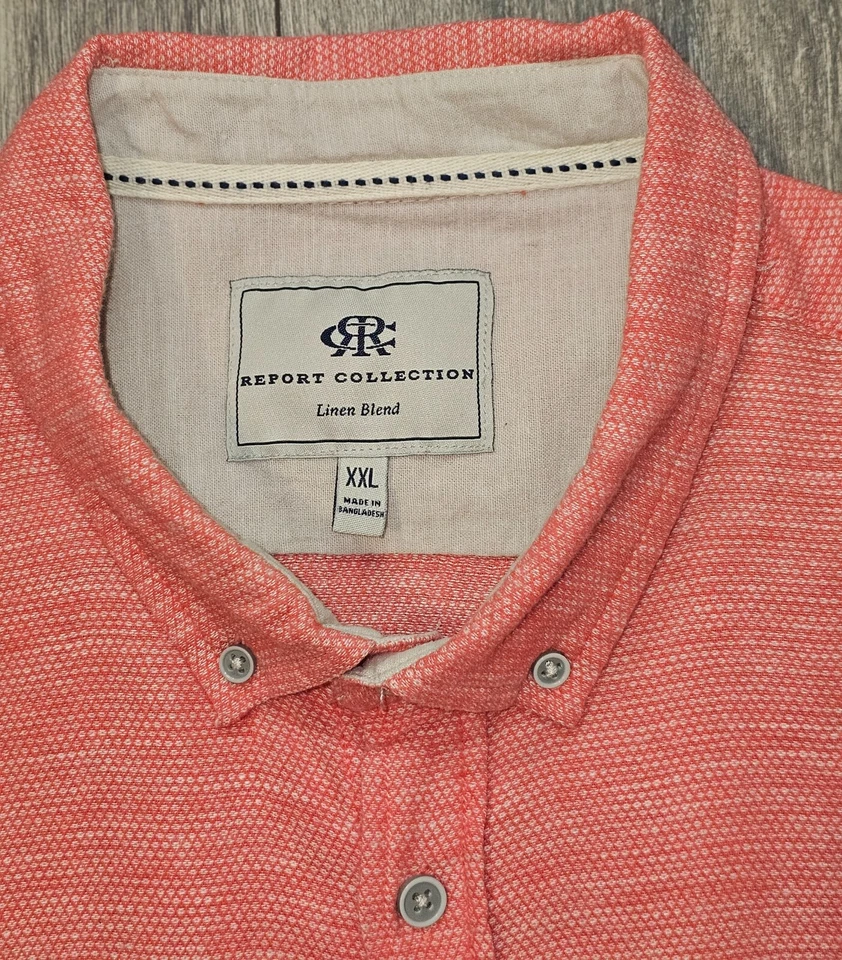 Report Collection Short Sleeve Button Down Shirt 100% Linen Coral Orange Mens 2X - Image 3 of 4