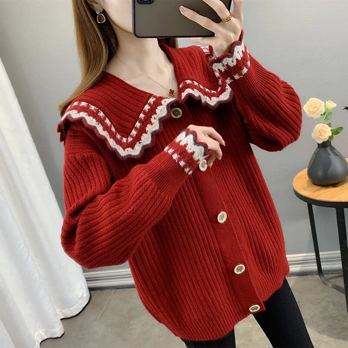 Long Sleeve Lapel Neck Collar Sweater Women Short Jacket Short Knitwear - Bild 17 von 24