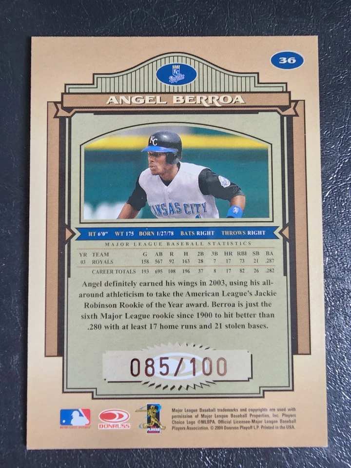АНГЕЛ БЕРРОА 2002 DONRUSS ВНЕВРЕМЕННЫЕ СОКРОВИЩА #36 ROYALS СЕРИЙНЫЙ #085/100 - Изображение 2 из 2