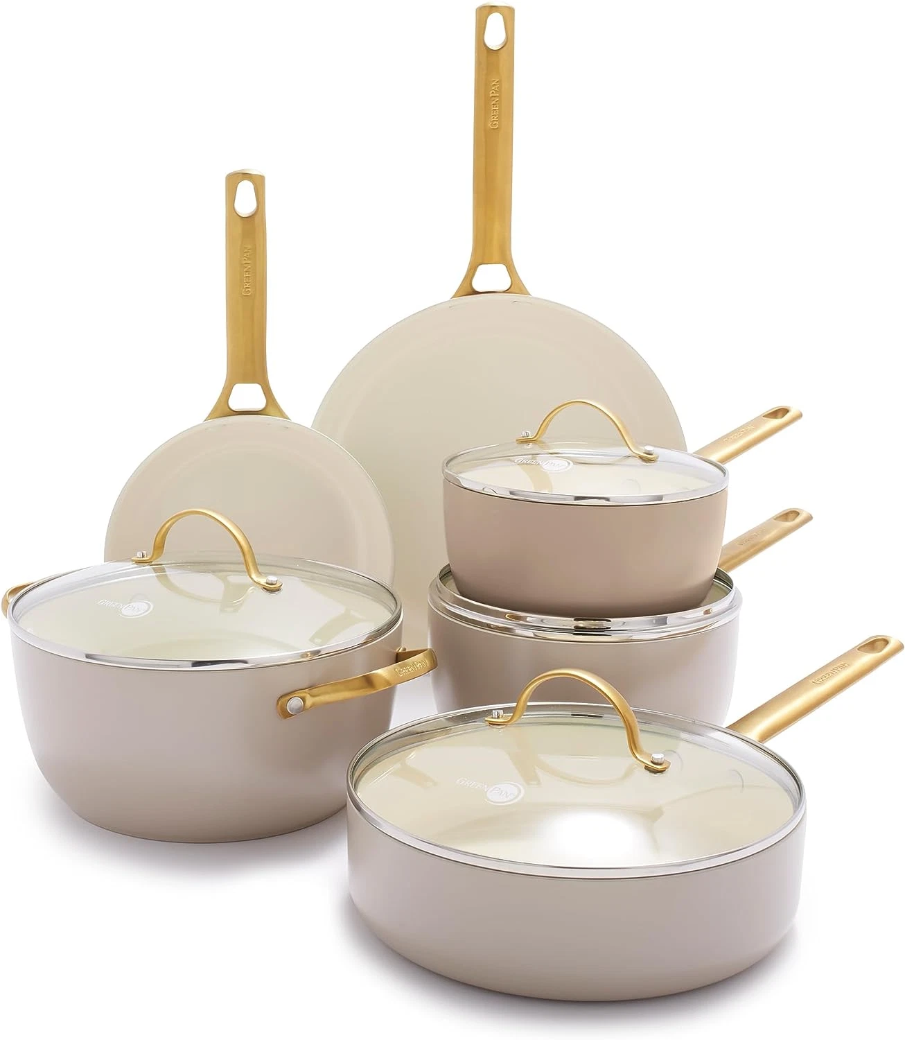 10-Piece Non-Toxic Cookware Set with Gold Handles & Glass Lids - Taupe Brown