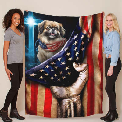 Cute Pekingese Dog Patriotic Flag USA Blanket Christmas Gift For Pet Dogs Lover