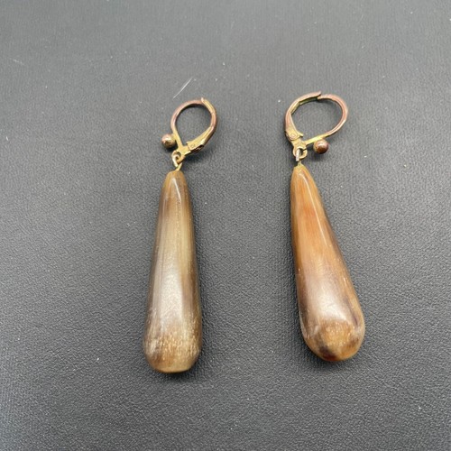 Elongated Teardrop Horn Earrings Leverback Brown Nature Casual Ethnic? - Picture 3 of 6