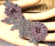 appliques embroidered 2x4.25" flower beads hand sewn 1pc mauve rose green