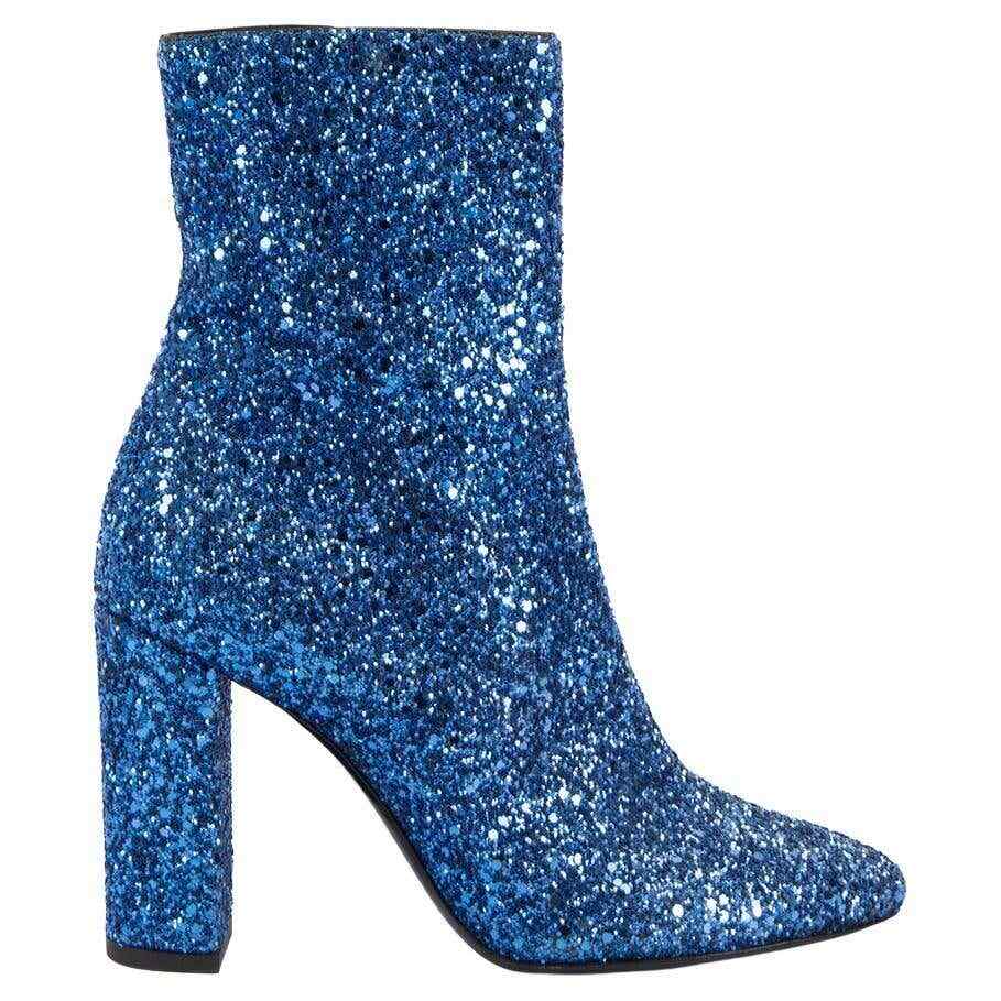 Stivaletti SAINT LAURENT Lou blu glitter paillettes 95 zip ombra polpaccio 40 10