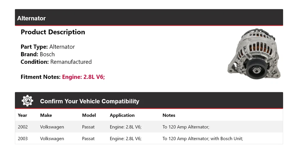 Alternador Bosch para Volkswagen Passat 2002-2003 2,8 L V6 (remanufacturado) Foto 2 de 4