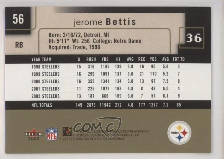 2003 Fleer Genuine Insider Jerome Bettis #56 HOF - Image 2 of 2