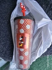 Disneyland Starbucks 2024 Minnie  Spotted Red Studded Tumbler w/ bow straw cover