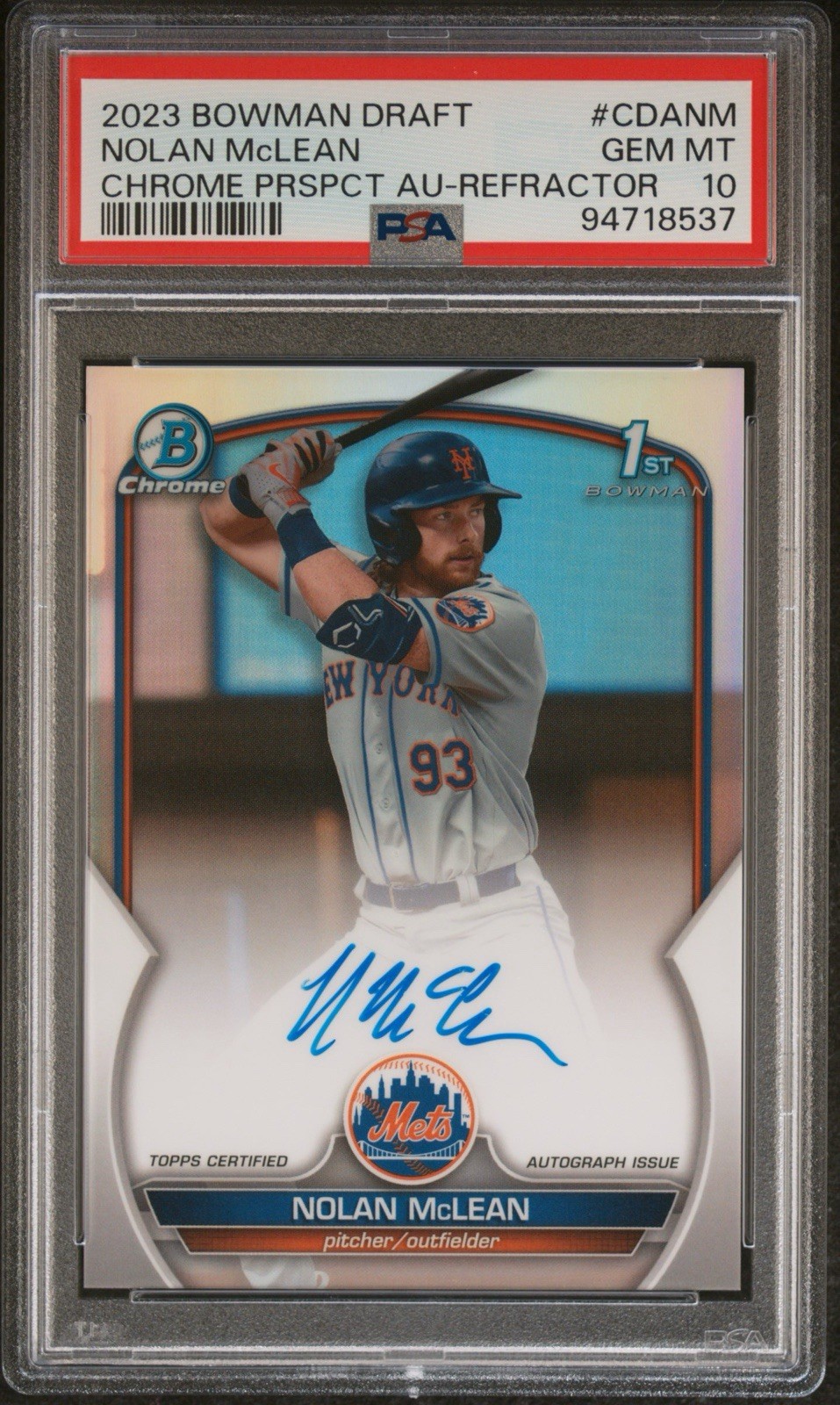 2023 Bowman 1st Draft Nolan McLean Chrome Auto Refractor #/499 Mets PSA 10