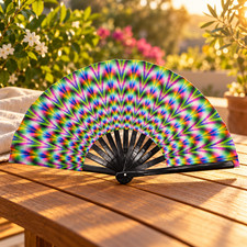 New Rainbow Ripple Folding Hand Fan Black Bamboo Satin Festival A30