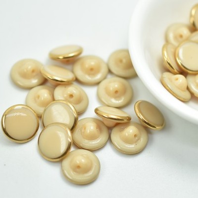 10 Pieces - 14 mm Button Opaque Beige Gold Rim, Glass Shank - Czech Glass
