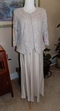 NWT Alex Evenings 2-Piece Long Formal Taupe Tan Dress Lace Jacket Size 14P