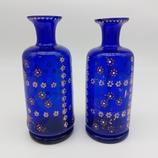 Victorian Glass Bottles Stem Vase x2 Cobalt Blue Glass Hand Decorated Gold Gilt