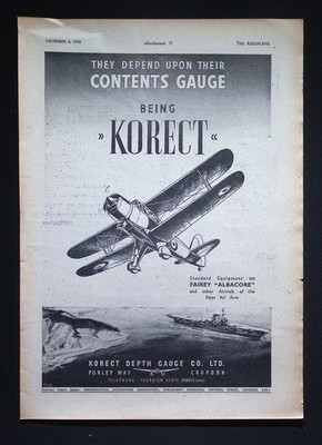 Original 1940 Reklame - Korect Depth Gauge Co. Ltd - Fairey Albacore Inhalt Gau