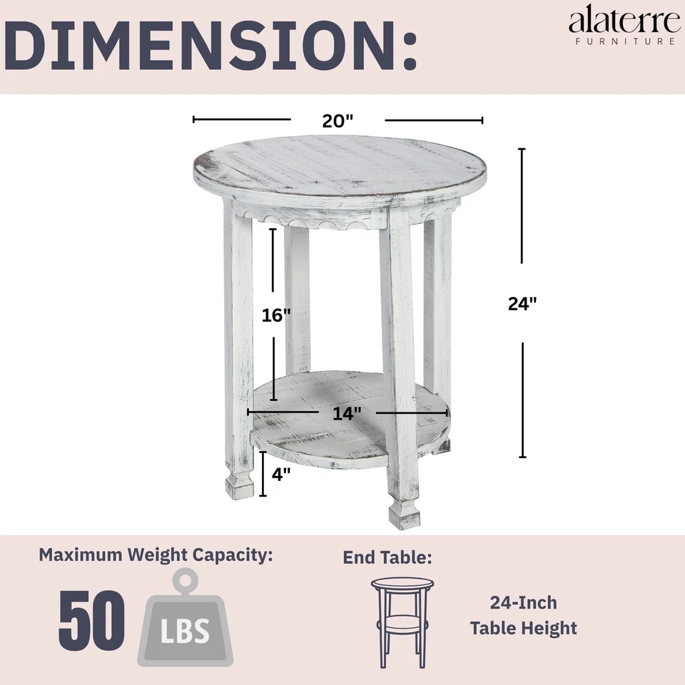 Mesa auxiliar redonda de cabaña rústica con 1 estante, blanca antigua, 20" x 20" x 24", fa... Foto 4 de 4