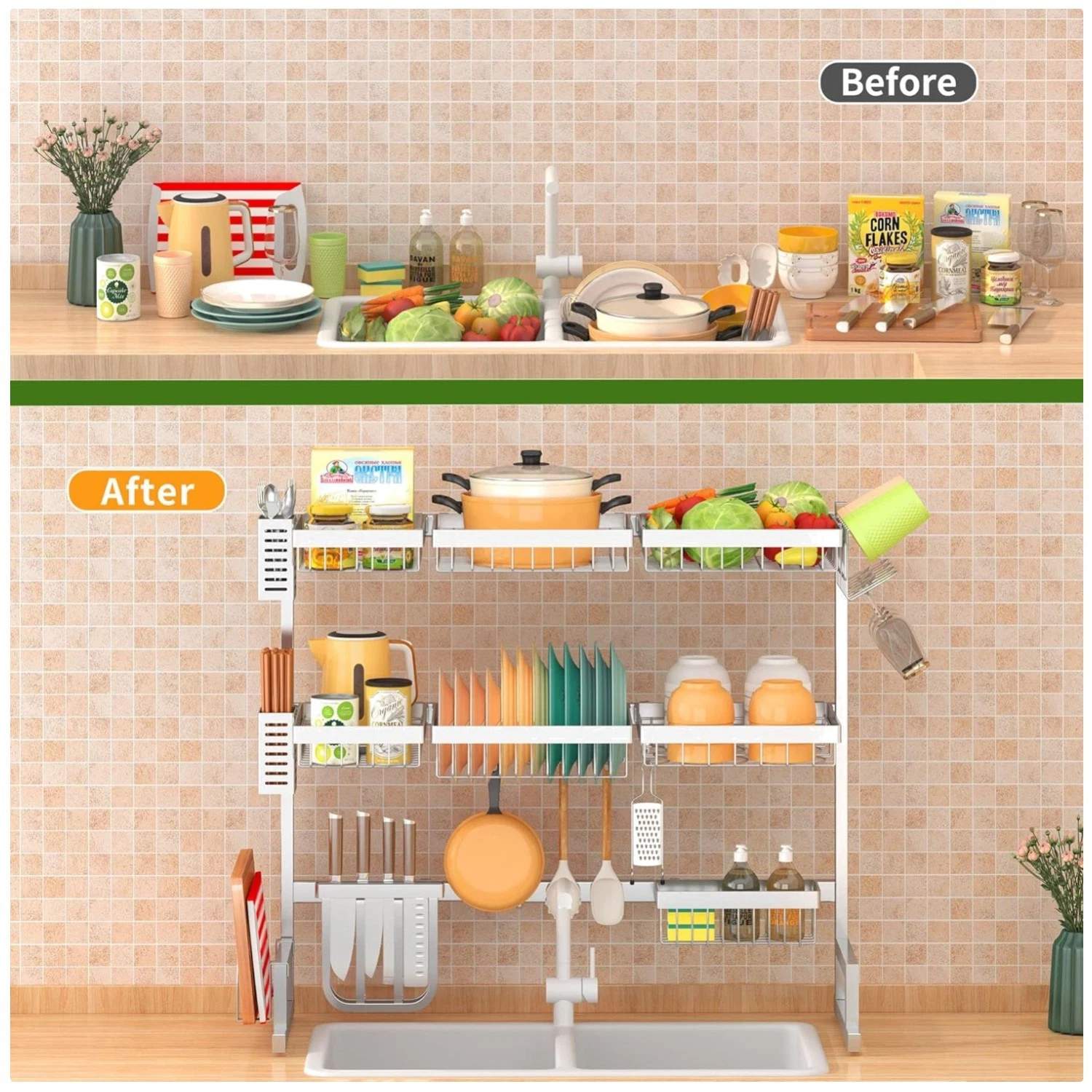 3 Tier Dish Drying Rack - Stainless Steel Kitchen Organizer